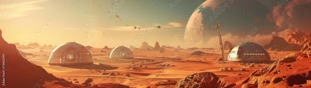 An artist s rendition of a Martian colony, complete with domed habitats and terraforming machines, in 3D illustration style 