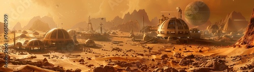 An artist s rendition of a Martian colony  complete with domed habitats and terraforming machines  in 3D illustration style