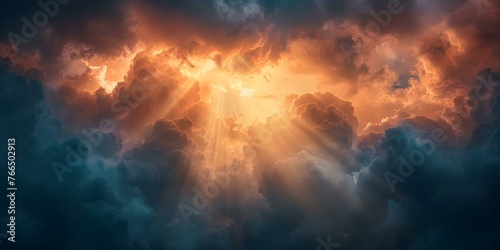 Capturing the Spiritual Power of Sun Rays Breaking Through Dark Clouds. Concept Spiritual Experiences  Natural Phenomena  Light vs Darkness  Hopeful Moments
