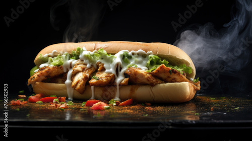 A sandwich with chicken and lettuce is sitting on a table with steam coming from it. The steam gives the sandwich a warm and inviting appearance