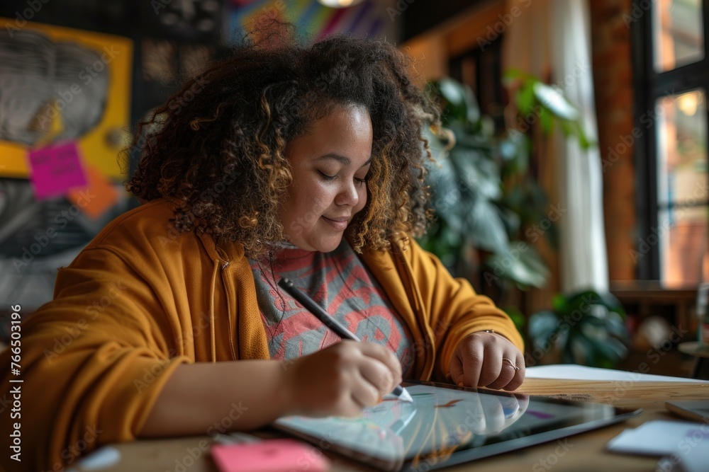 Focused plus-size woman working on a graphic design project in a creative studio. Focused plus-size woman working on a graphic design project in a creative studio.