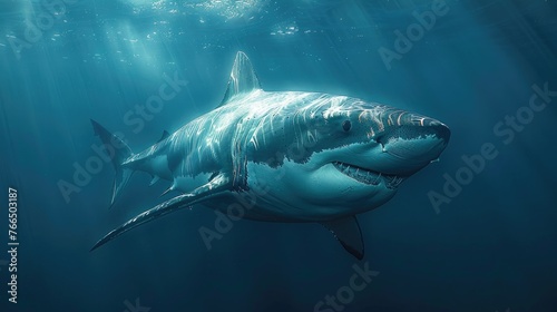 The sleek and streamlined form of a shark as it glides silently through the depths of the ocean  its powerful presence a testament to nature s raw power and beauty in the underwater world.