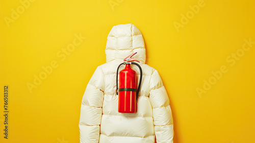 A white puffer jacket shaped like a fire extinguisher, in the style of product photography, on a yellow background, at high resolution photo