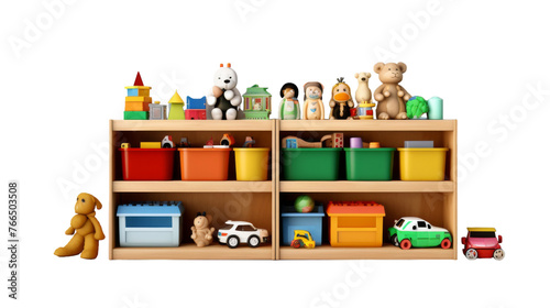 A wooden shelf brimming with a colorful assortment of toys