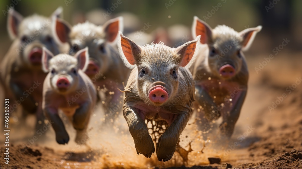 A group of piglets are running in the mud A group of piglets are running in the mud