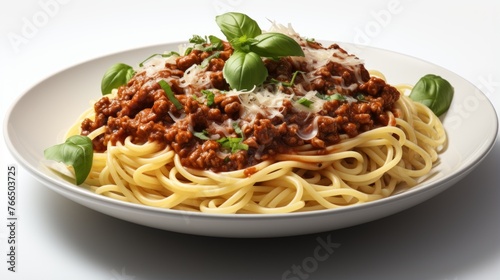 A plate of spaghetti with meat sauce and basil