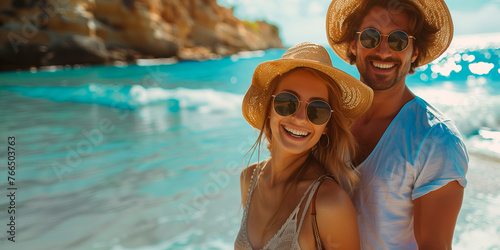 Coastal Honey Moon: Smiling Couple Walks Along Seashore, Bathed in Warm Sunlight on the Beach