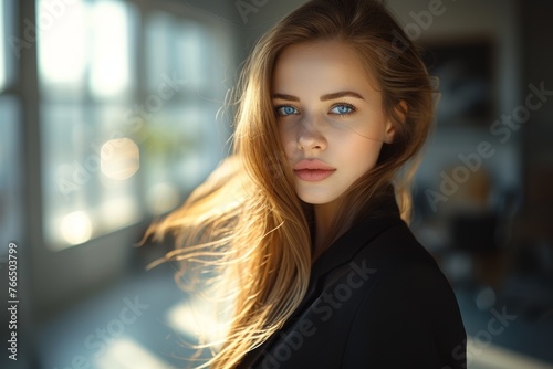 Portrait of a beautiful young woman with long blond hair and blue eyes