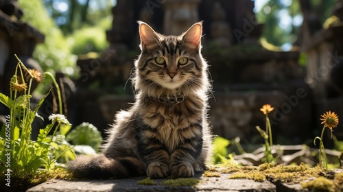 A ginger cat is sitting on a stone in a cemetery