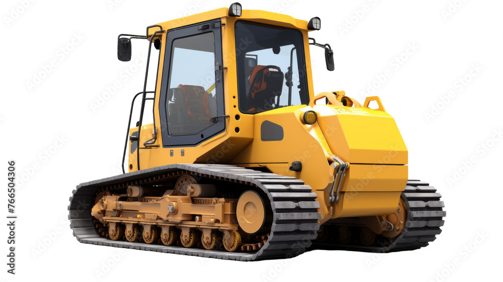 A yellow bulldozer stands boldly against a white background