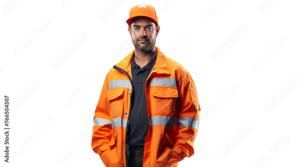 A man in an orange safety jacket and hat stands confidently A man in an orange safety jacket and hat stands confidently