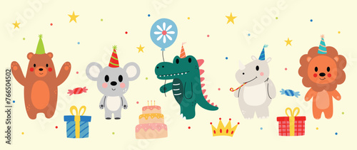 Happy birthday concept animal vector set. Collection of adorable wildlife, bear, rat, crocodile, rhinoceros, lion. Birthday party funny animal character illustration for greeting card, kid, education.
