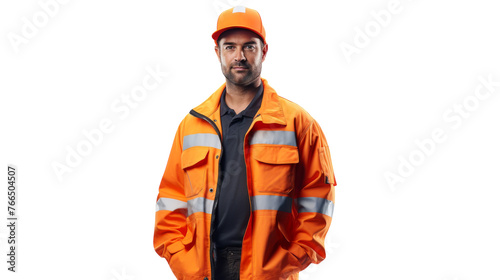 A man in an orange safety jacket and hat stands confidently