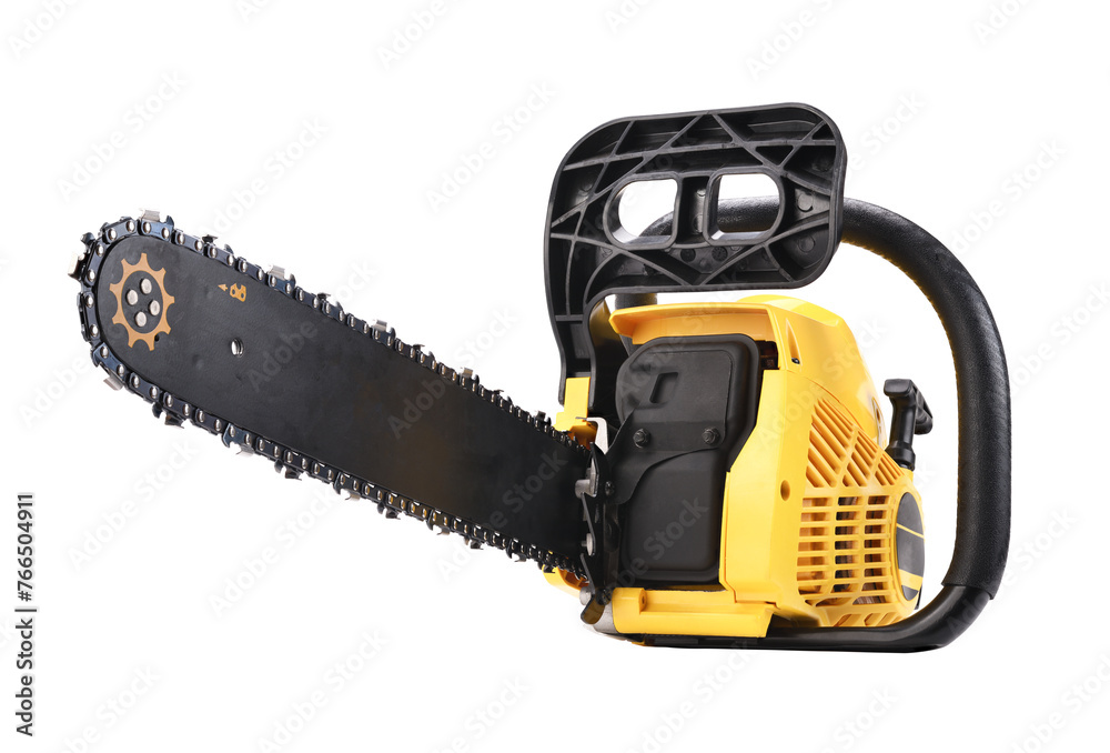 New chainsaw on a white background. Chainsaw.