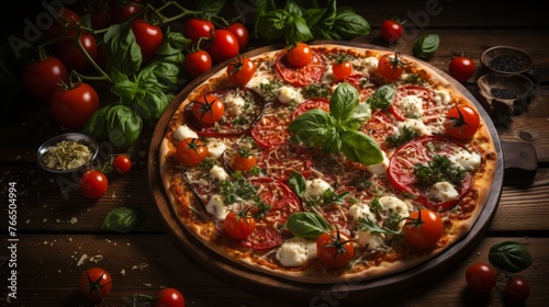 A delicious pizza with fresh tomatoes, basil, and mozzarella cheese