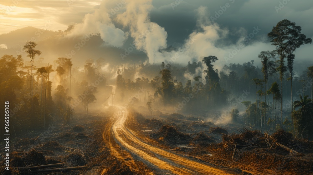 A dirt road winds through a foggy deforested landscape at dawn, with light streaming through the remnants of trees