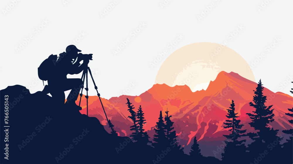 Silhouette of photographer with his camera on sunrise - obrazy, fototapety, plakaty 