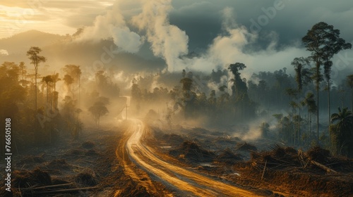 A dirt road winds through a foggy deforested landscape at dawn, with light streaming through the remnants of trees