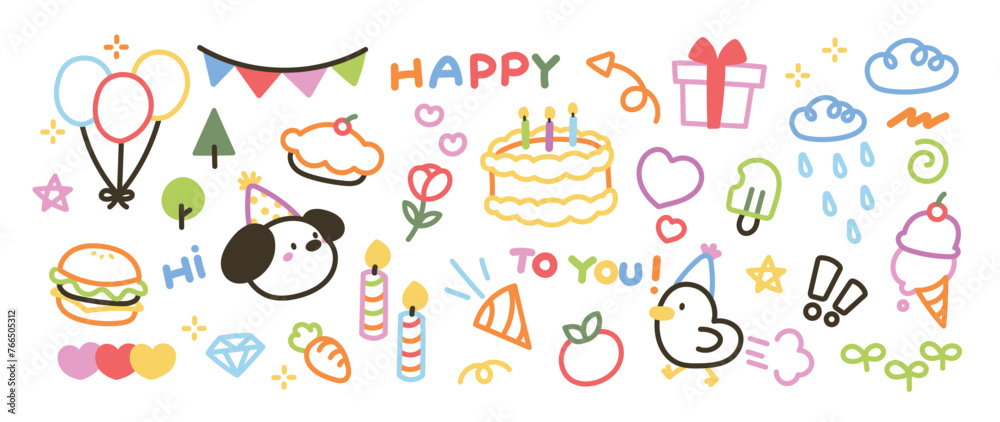 Cute hand drawn Happy birthday doodle vector set. Colorful collection of dog, chick, cake, balloon, flower, candle, decorative flag. Adorable creative design element for decoration, prints, ads. Cute hand drawn Happy birthday doodle vector set. Colorful collection of dog, chick, cake, balloon, flower, candle, decorative flag. Adorable creative design element for decoration, prints, ads.