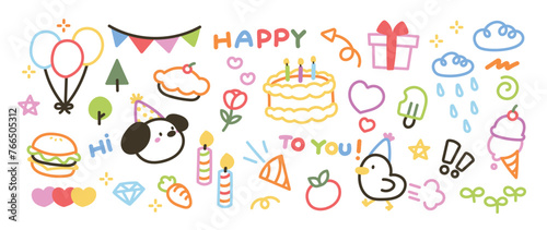 Cute hand drawn Happy birthday doodle vector set. Colorful collection of dog, chick, cake, balloon, flower, candle, decorative flag. Adorable creative design element for decoration, prints, ads. photo