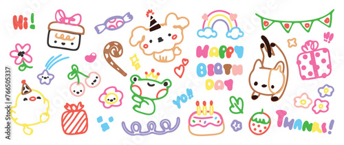 Fototapeta Naklejka Na Ścianę i Meble -  Cute hand drawn Happy birthday doodle vector set. Colorful collection of dog, frog, chick, cake, lollipop, gift, decorative flag. Adorable creative design element for decoration, prints, ads.