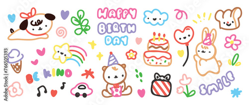 Cute hand drawn Happy birthday doodle vector set. Colorful collection of dog, bear, rabbit, cake, bread, car, balloon, ice cream. Adorable creative design element for decoration, prints, ads.