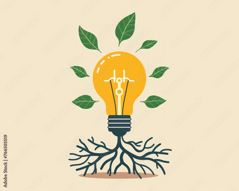 Flat design showing a light bulb with roots and leaves, symbolizing innovative ideas fueling growth in solid colors Flat design showing a light bulb with roots and leaves, symbolizing innovative ideas fueling growth in solid colors