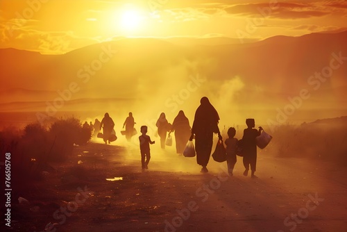 Image of a group of displaced refugees including children walking along a dusty road with their belongings. Concept Refugees, Displacement, Crisis, Walking, Dusty Road