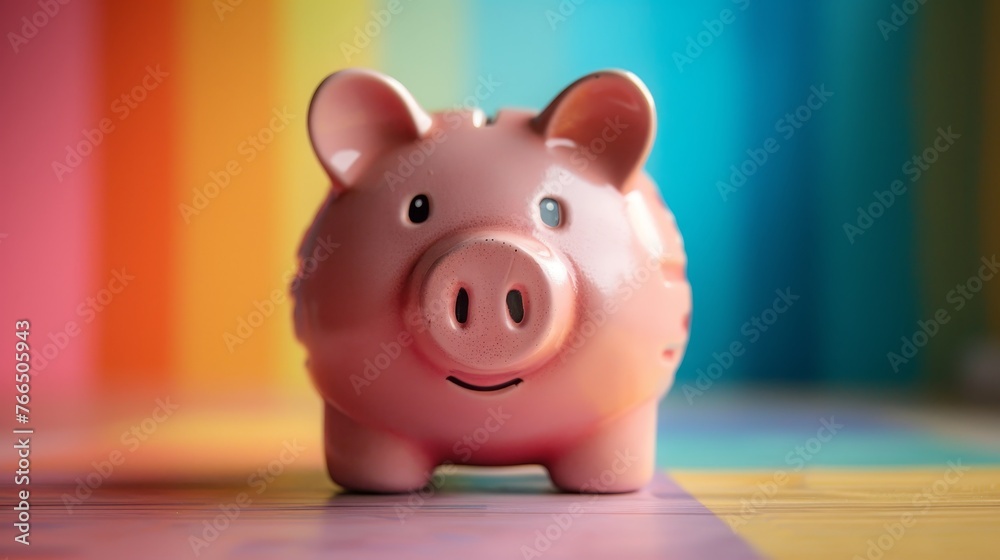 Close-up of a cheerful piggy bank against a vibrant, multicolored background, representing savings and financial planning. Close-up of a cheerful piggy bank against a vibrant, multicolored background, representing savings and financial planning.