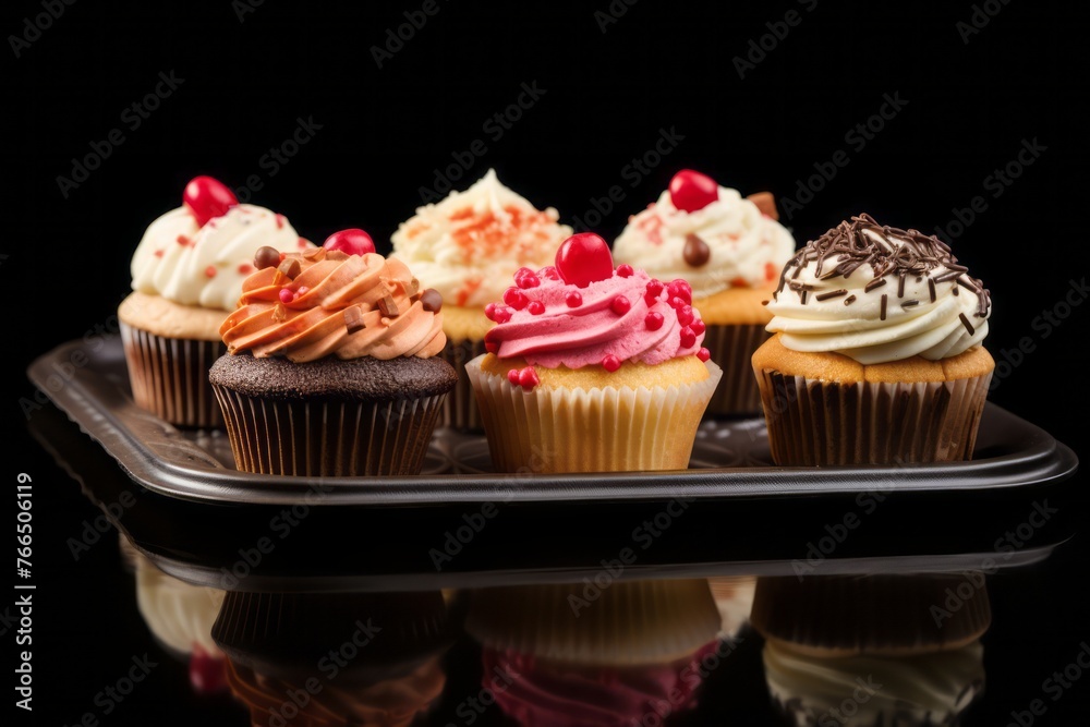 Tasty cupcakes on a plastic tray against a dark background