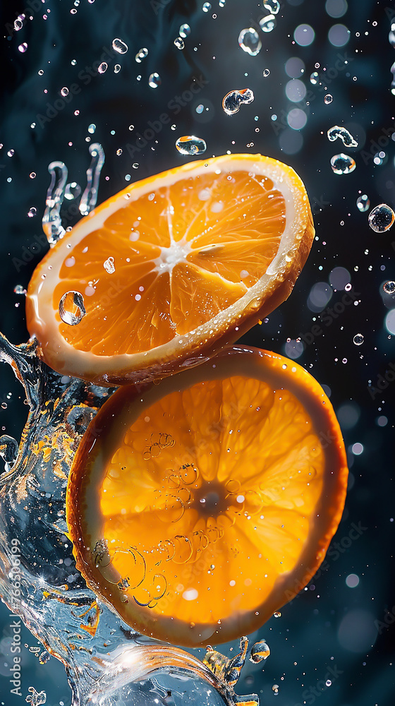 A juicy orange slice splashes in clear water, releasing its refreshing citrus flavor A juicy orange slice splashes in clear water, releasing its refreshing citrus flavor