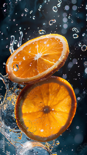 A juicy orange slice splashes in clear water  releasing its refreshing citrus flavor