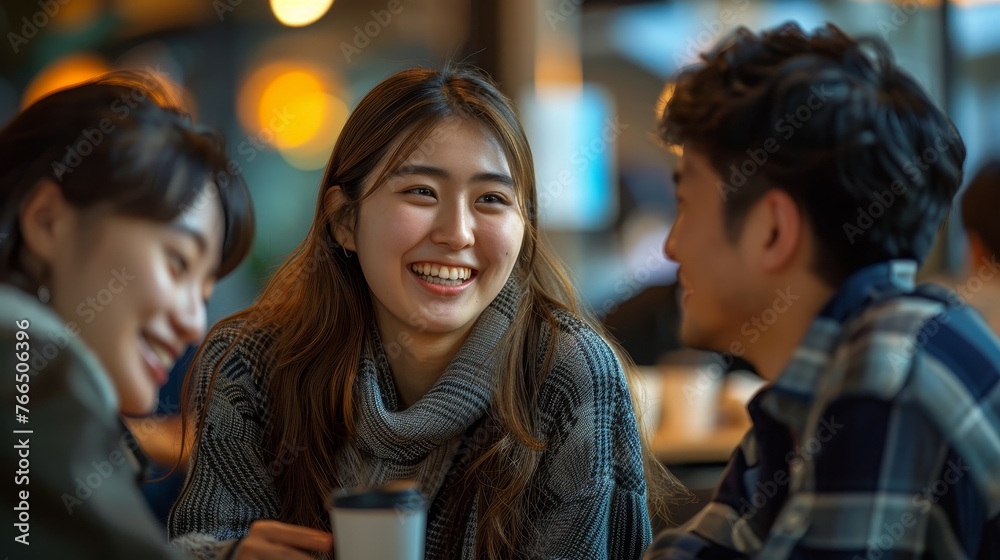 A radiant young woman smiles while enjoying a warm conversation with friends over coffee in a cozy cafe setting.
