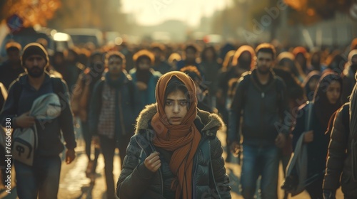 A young woman stands out in a bustling crowd, her expression somber, as she walks with determination and focus through the throng.