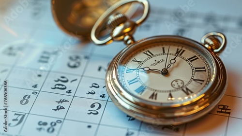 In this conceptual image, a classic pocket watch is positioned against a calendar, symbolizing the importance of time management, planning, and scheduling photo