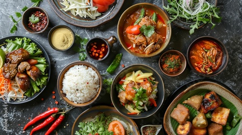 A top-down view showcasing a variety of traditional Asian dishes, featuring vibrant colors and a rich assortment of spices and fresh ingredients.