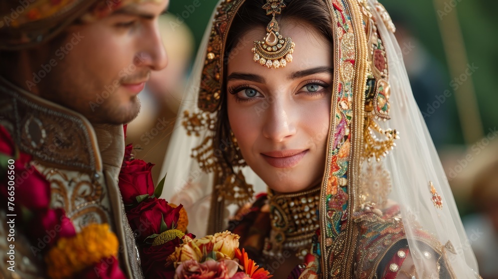 Close-up of a bride in exquisite traditional Indian wedding attire with detailed jewelry, alongside the groom, capturing a moment of cultural celebration.
