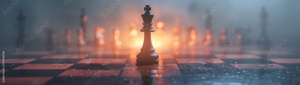 A single, glowing chess king standing tall on a minimalist board, symbolizing solitary leadership - obrazy, fototapety, plakaty 