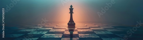A single, glowing chess king standing tall on a minimalist board, symbolizing solitary leadership