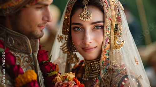 Close-up of a bride in exquisite traditional Indian wedding attire with detailed jewelry, alongside the groom, capturing a moment of cultural celebration.