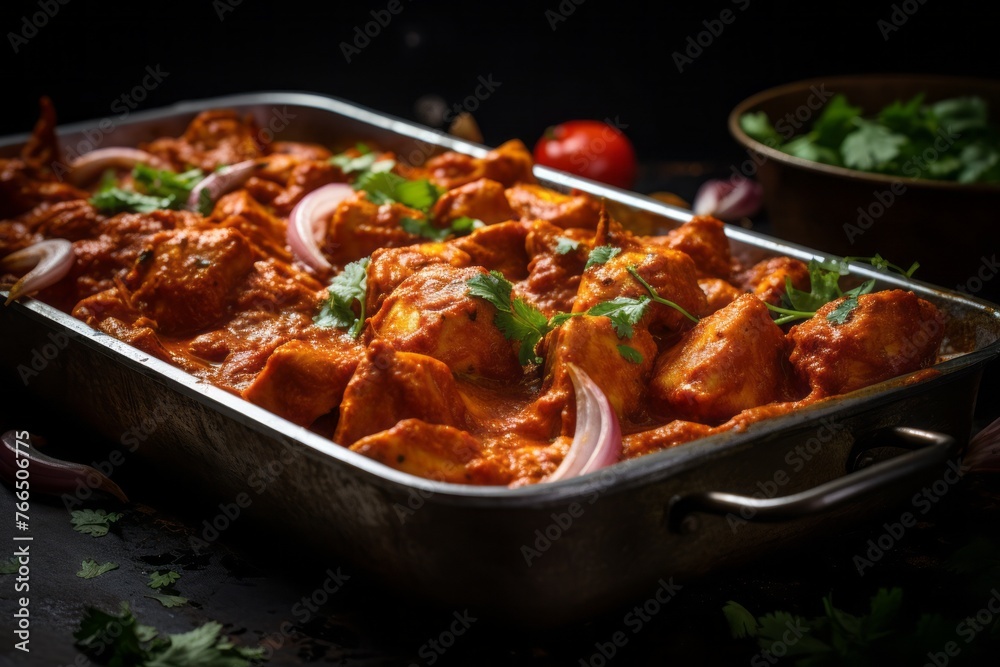Exquisite chicken tikka masala on a plastic tray against a dark background Exquisite chicken tikka masala on a plastic tray against a dark background