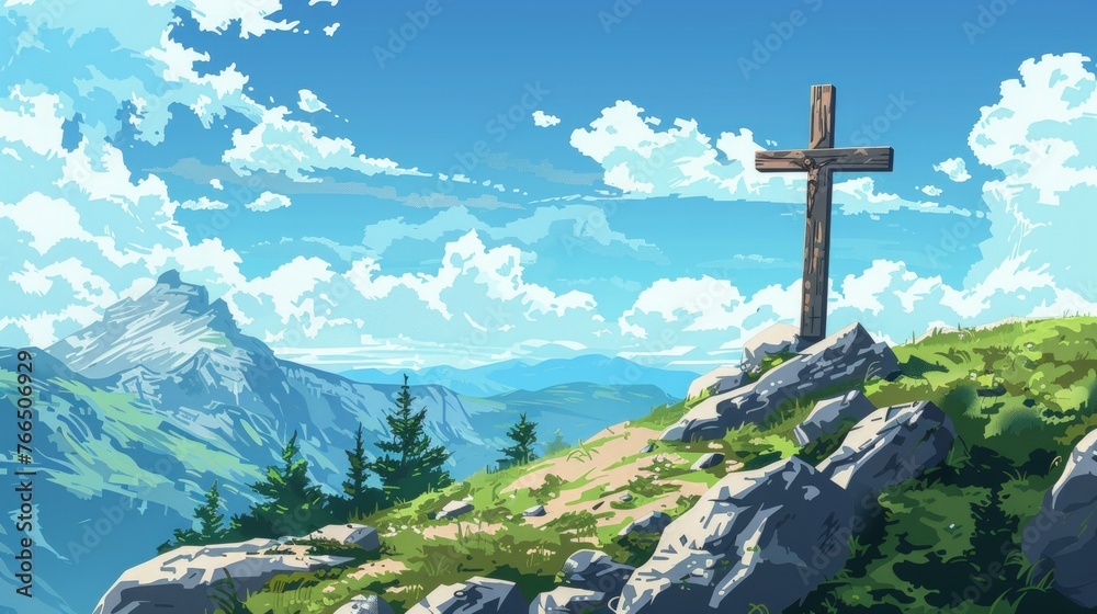A wooden cross stands atop a mountain with scenic views