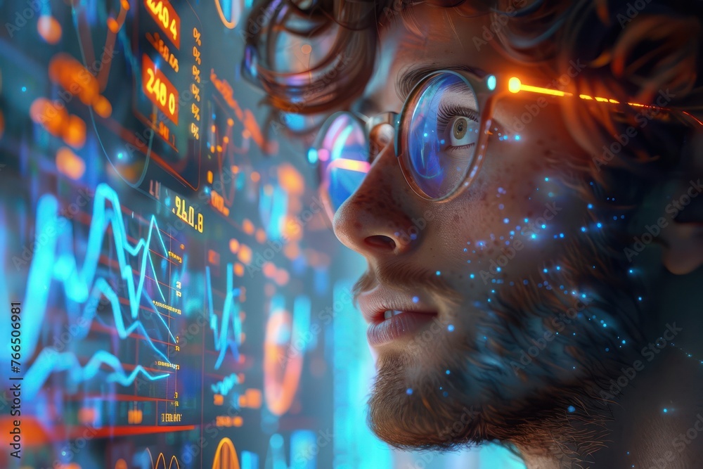 With a flick of his tablet, a cartoon man brings to life holographic graphs, illustrating market highs The scene, captured closely, showcases his optimistic gaze amidst the floating figures of growth - obrazy, fototapety, plakaty 