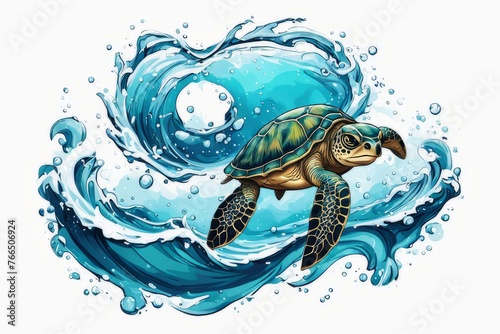 Turtle gracefully swimming in water surrounded by bubbles, showcasing its serene underwater world. For Tshirt design, posters, postcards, other merchandise with marine theme, childrens books.