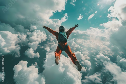 A person skydiving arms outstretched against a cloudy sky symbolizing a journey from brokenness to wholeness. Concept Adventure, Transformation, Overcoming Obstacles, Freedom, Self-Discovery