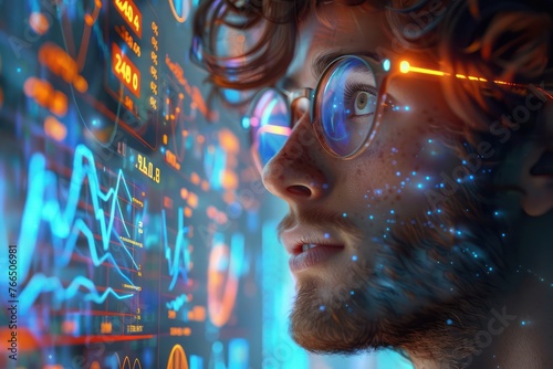 With a flick of his tablet, a cartoon man brings to life holographic graphs, illustrating market highs The scene, captured closely, showcases his optimistic gaze amidst the floating figures of growth