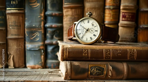  A collection of old vintage books is arranged alongside a classic pocket watch, evoking a sense of nostalgia and timeless elegance.