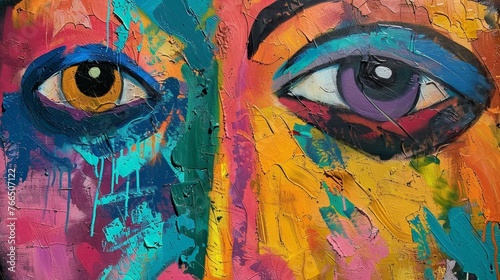Intensely colorful abstract painting of eyes, symbolizing vision and perception, with dynamic textures on canvas.
