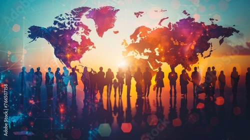 Silhouettes of diverse people standing before a vivid backdrop featuring a world map, symbolizing global connectivity and international community.