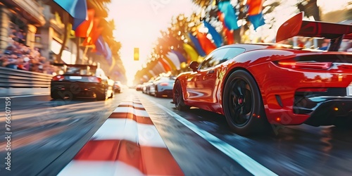 Exciting race with colorful flags cheering spectators and speeding cars creating a thrilling atmosphere. Concept Race cars, Spectators, Colorful flags, Thrilling atmosphere, Exciting atmosphere